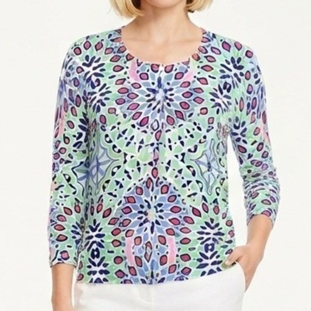 Talbots Cardigan Sweater Womens Medium Multicolor Geometric Kaleidoscope Knit